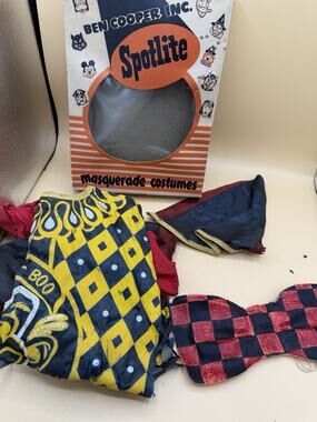 Vintage Ben Cooper Spotlite Clown Costume Box Hat Bow Tie AS IS Damaged